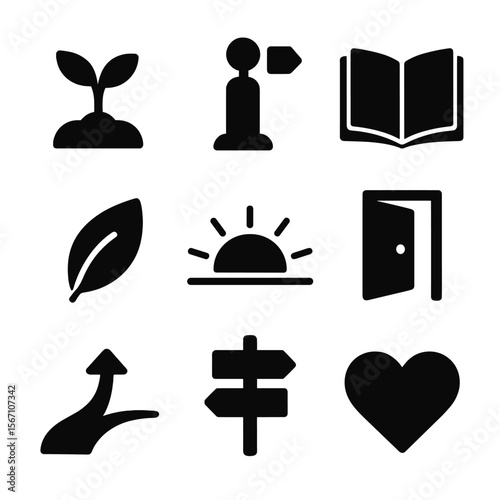 Teen Growth Icons. Solid, filled icons set of teen growth and change: growth plant, milestone icon, new