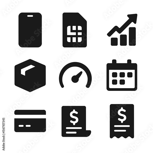 Telecom Pricing Icons. Solid, filled icons set of telecom pricing plans: smartphone, SIM card, bar chart,