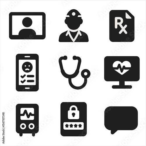 Telehealth Icon Set. Solid, filled icons set of telehealth for chronic care: video call screen, doctor icon,