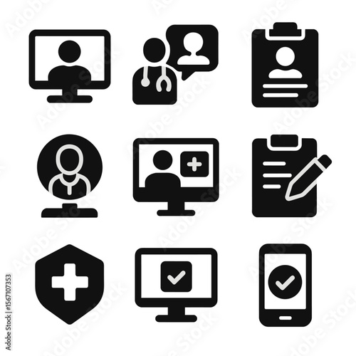 Telehealth Integration Icons. Solid, filled icons set of telehealth integration with EHR: video call screen,