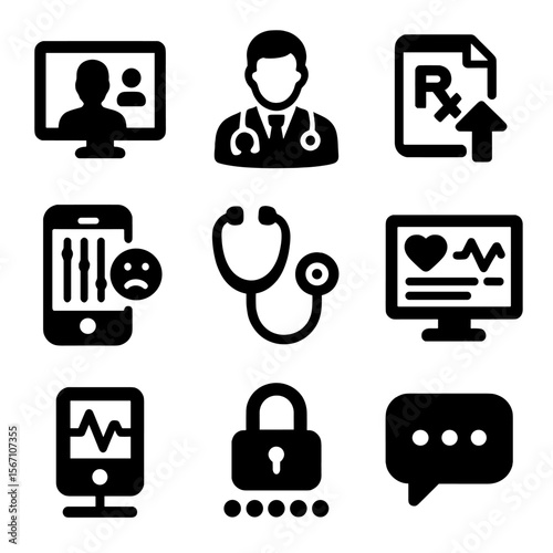 Telehealth Icon Set. Solid, filled icons set of telehealth for chronic care: video call screen, doctor icon,