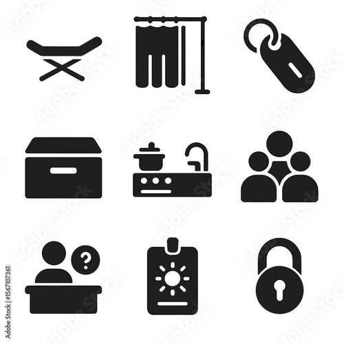 Temporary Housing Icons. Solid, filled icons set of temporary housing services: folding bed, privacy curtain,