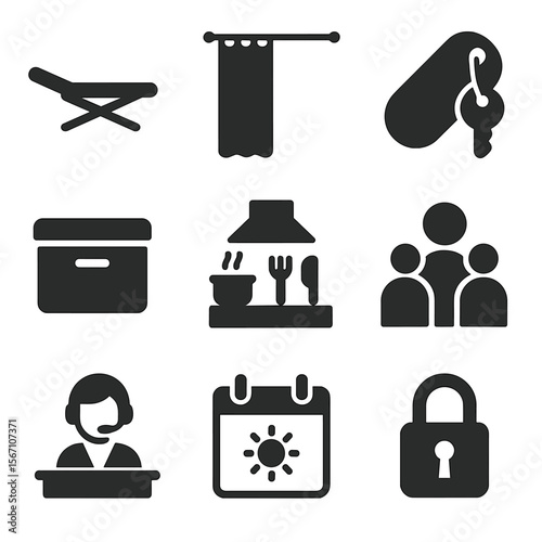 Temporary Housing Icons. Solid, filled icons set of temporary housing services: folding bed, privacy curtain,