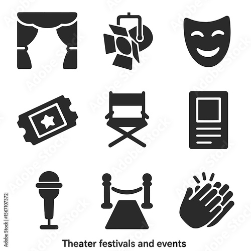 Theater Festival Icons. Solid, filled icons set of theater festivals and events: stage curtain, spotlight,