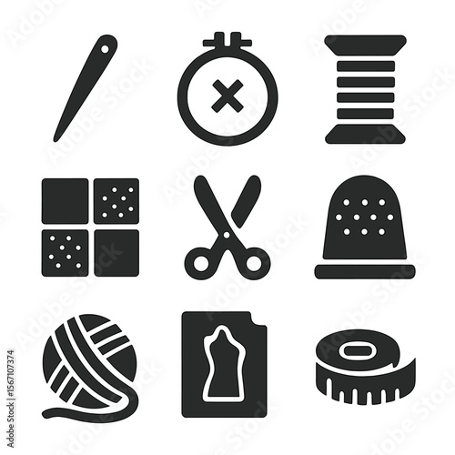 Textile Tools Icons. Solid, filled icons set of textile and fabric art: sewing needle, embroidery hoop, thread