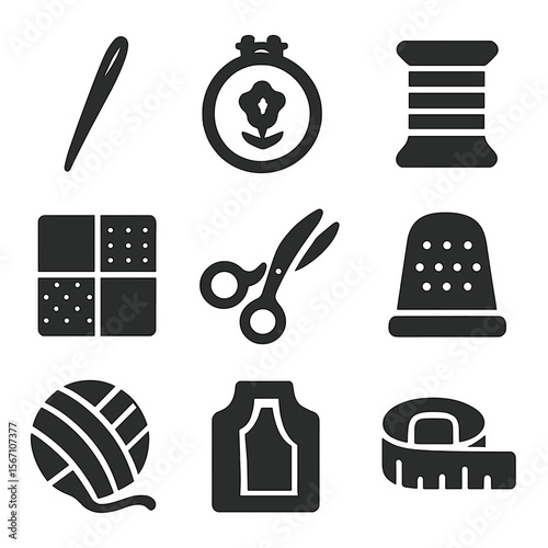 Textile Tools Icons. Solid, filled icons set of textile and fabric art: sewing needle, embroidery hoop, thread