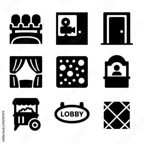 Theater Icons Grid. Solid, filled icons set of theater architecture: balcony seats, projector room, exit door,