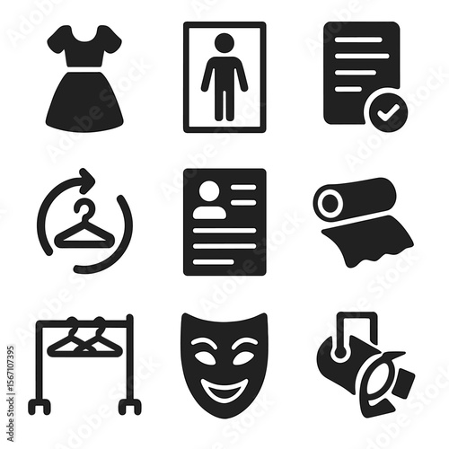 Theatrical Costume Icon Set. Solid, filled icons set of theatrical costume planning: stage outfit, actor