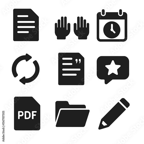 Thesis Writing Icons. Solid, filled icons set of thesis writing process: outline icon, typing hands, deadline