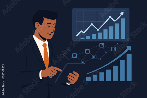 Businessman analyzing sales data and economic growth on a tablet. Financial analytics concept with graph chart, blockchain technology, and global network investment. Modern flat vector.