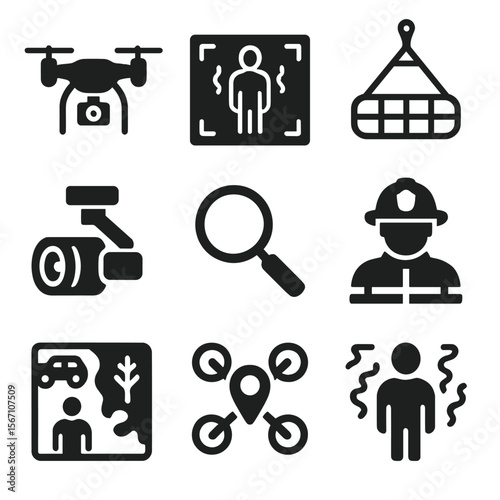 Thermal Drone Icons. Solid, filled icons set of thermal imaging and rescue drones: drone icon, thermal view,