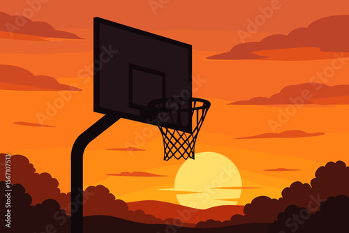 Basketball hoop silhouette on an outdoor court at sunset. Vector sports background illustration. Streetball concept with backboard and net against a scenic orange sky and sun.