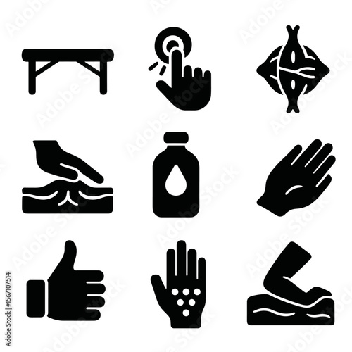 Therapeutic Massage Icons. Solid, filled icons set of therapeutic massage techniques: massage table, trigger