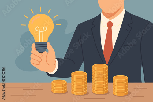 From idea to profit concept. Businessman holding a lightbulb representing innovation and creativity, with stacks of coins showing financial growth, savings, and investment return.