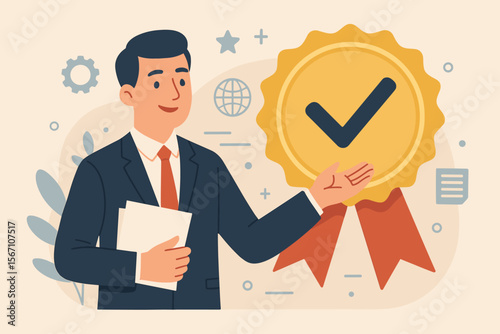 Top service quality assurance concept. Businessman presenting an approved guarantee seal with check mark. Standards, ISO certification, and standardization. Quality control excellence. Vector.