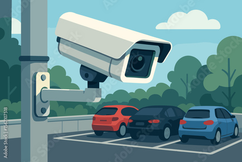 CCTV security camera monitoring a car parking lot for safety and surveillance. Concept of video protection, urban security system, and vehicle monitoring. Modern flat vector cartoon.