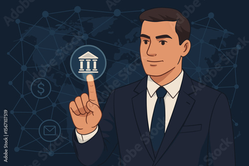 Businessman touching banking icon on a virtual screen. Global network connection, fintech concept. Digital finance, online investment, and modern business technology cartoon vector.