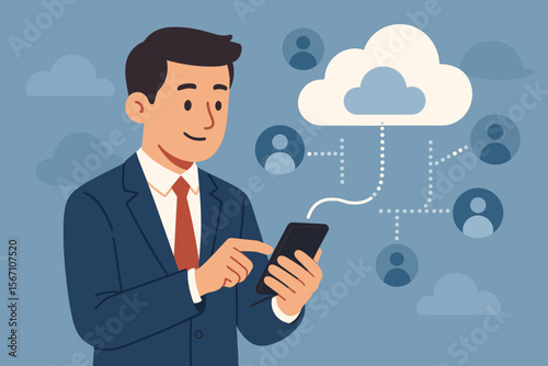 Businessman using mobile smartphone for cloud computing service. Man connecting to customer network for data storage and digital communication. Corporate technology concept vector.