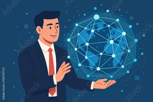 Businessman holding a global network structure over a digital Earth. Concept of international business, internet technology, data exchange, big data analytics, and communication.