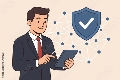 Businessman holding tablet with network security shield. Cybersecurity data protection privacy concept. Secure internet connection, vpn, antivirus software, firewall guard technology.