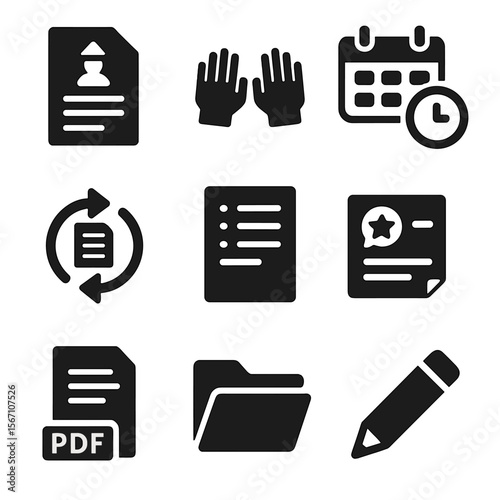 Thesis Writing Icons. Solid, filled icons set of thesis writing process: outline icon, typing hands, deadline