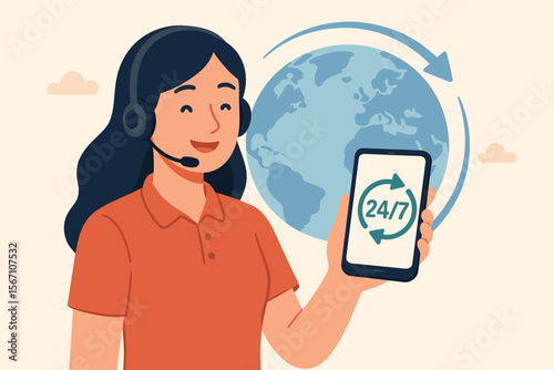 Call center operator with headset providing 24/7 worldwide customer support. Woman holding phone with nonstop service icon. Global assistance and contact center concept vector.