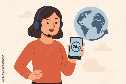Call center operator, customer service agent holding phone with 24-7 icon. Worldwide nonstop global support concept. Female assistant with headset, online helpdesk and hotline.