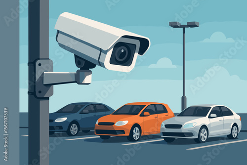 CCTV security camera monitoring a parking lot. Concept of video surveillance system for safety, vehicle protection, and crime prevention. Outdoor car park security. Flat vector illustration.