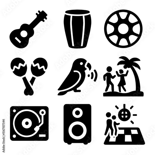 Tiki Bar Icons. Solid, filled icons set of tiki bar music and entertainment: ukulele, conga drum, steel drum,