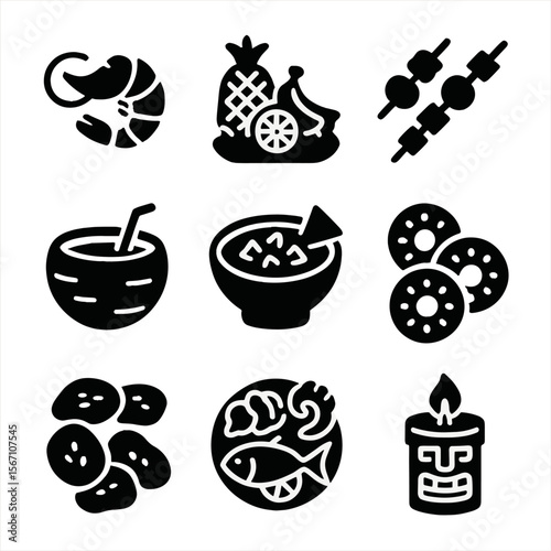 Tiki Bar Delights Icons. Solid, filled icons set of tiki bar food and snacks: grilled shrimp, tropical fruit