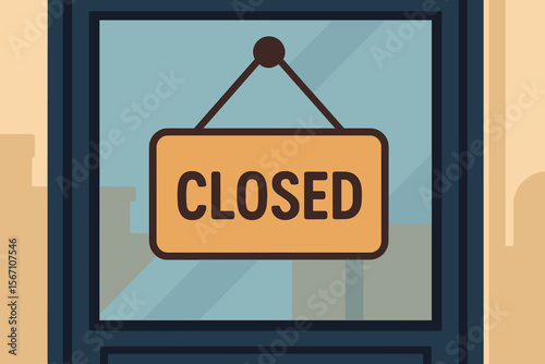 Closed sign on a business door. Concept for store closure, bankruptcy, economic crisis, lockdown or out of service. Shop window with information notice. Flat vector illustration.