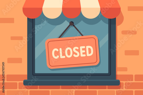Closed sign hanging on a shop window with an awning. Storefront facade illustration. Concept for business closing, out of business, sorry we are closed, or end of day. Flat cartoon vector graphic.