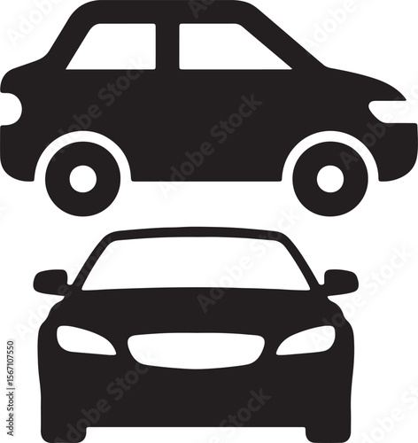 Black silhouette of a sedan car viewed from the side and front automobile vehicle