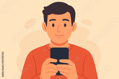 Young smiling man holding a mobile smart phone, texting or browsing. Modern flat vector cartoon illustration. Concept of digital technology, lifestyle, communication, social media.