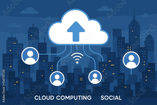 Cloud computing technology and social networking illustration. User profiles connect wirelessly to upload data to cloud storage. Global network concept on a smart city night background.
