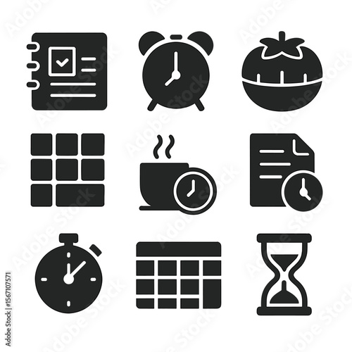 Time Management Icons. Solid, filled icons set of time management strategies: daily planner, alarm clock,