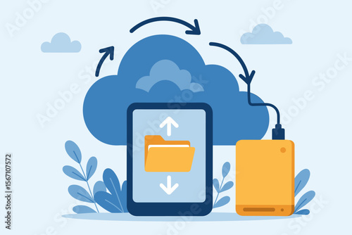 Cloud data storage and backup concept. File transfer, synchronization, upload, and download between tablet and external hard drive. Cloud computing technology and internet networking service.