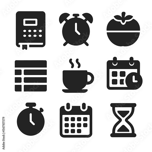 Time Management Icons. Solid, filled icons set of time management strategies: daily planner, alarm clock,