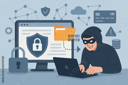 Cyber security concept with hacker stealing data from a computer. Cybercrime, online fraud, phishing attack, and internet privacy illustration. Data protection and network security.