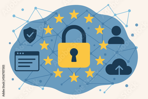 Data protection privacy concept. GDPR regulation in the EU. Cyber security network with padlock icon. Internet technology, cloud computing, user information protection. Vector illustration.