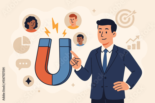 Customer retention concept with a businessman attracting clients with a magnet. Inbound marketing strategy for lead generation and business growth. Target audience engagement vector.