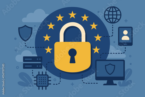 GDPR, General Data Protection Regulation concept illustration. Cyber security and privacy in the European Union. Secure network technology with padlock, shield, and computer icons.