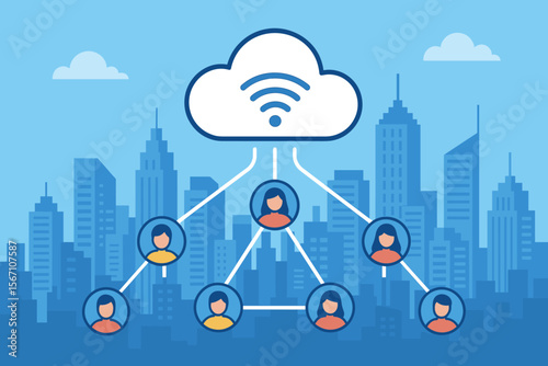Cloud computing and social network concept. User icons connected to cloud data storage via wireless technology. Global community network over a smart city. Flat vector illustration.