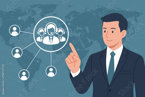 Businessman pointing to a CRM icon for customer relationship management. Global service and support team strategy. Business development, client retention, and communication network.