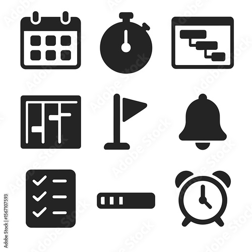 Time Management Icons. Solid, filled icons set of time and project management: calendar, timer, gantt chart,