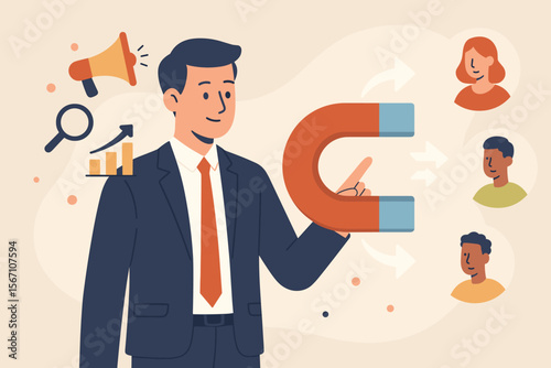 Customer retention and attraction strategy concept. Inbound marketing for lead generation. Businessman holding a large magnet to pull in clients. Audience engagement metaphor vector.
