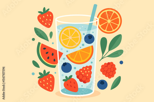 Fruit infused water concept. Refreshing summer drink with fresh berries and citrus fruits. Healthy lifestyle and detox beverage with lemon, strawberry, and watermelon. Flat vector illustration.