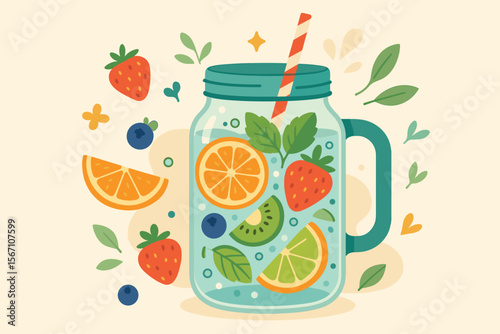 Refreshing fruit infused water in a mason jar. Healthy detox drink with strawberry, orange, lime, kiwi, blueberry, and mint. Summer beverage concept. Flat vector cartoon illustration.