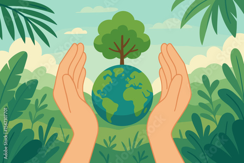 Save the Earth concept. Hands hold planet globe with growing tree. Environmental protection and ecology background. Tropical nature scene. Modern flat vector cartoon illustration.