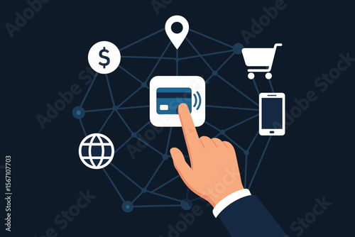 Fintech concept with hand touching credit card icon for online payment. Global network connection for e-commerce, mobile banking, and digital transactions. Flat vector illustration.